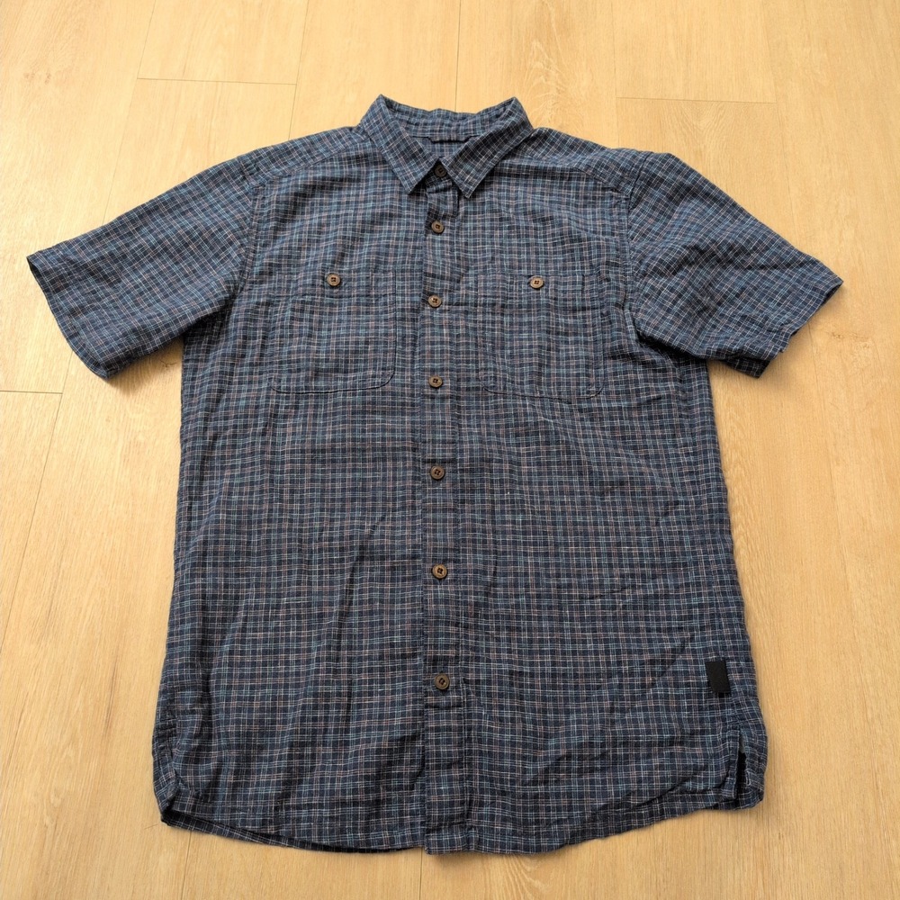 Patagonia Mens Small Blue Plaid Hemp Organic Cotton Short Sleeve Button Down